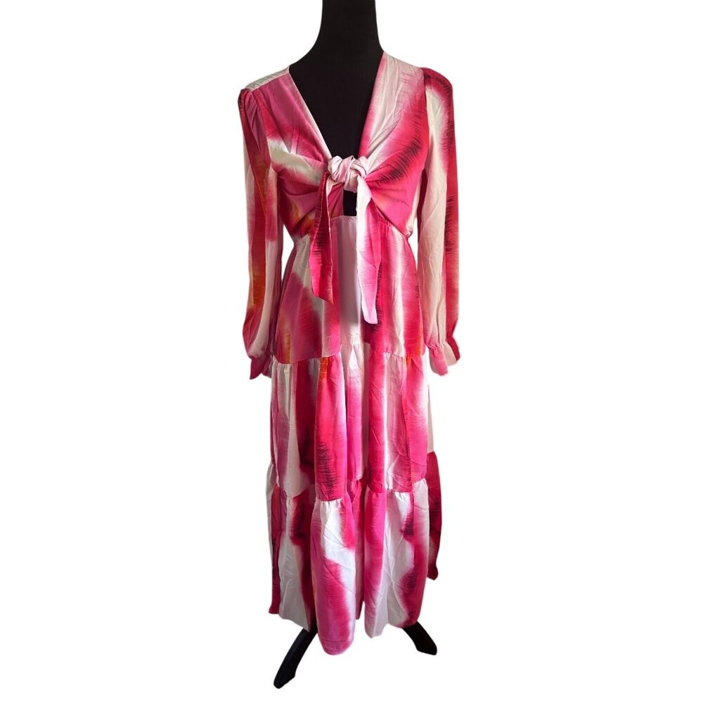 Btfbm Long Pink & White Tie-Dye Maxi Dress W/ Puff Sleeves & Tie Front